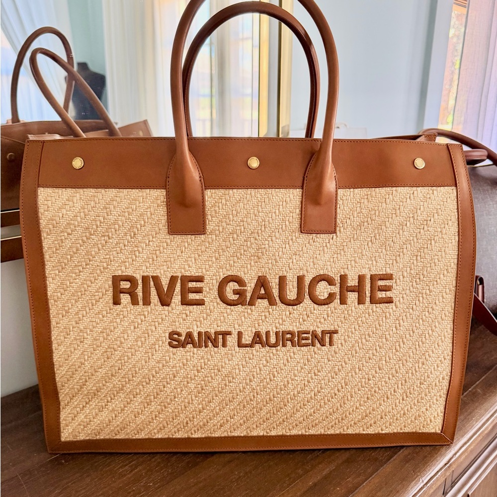 -SOLD- Saint Laurent Tan and Brown Rive Gauche Tote YSL